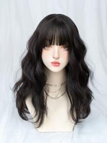 1-Piece Synthetic Heat-Resistant Wig With Bangs In Black-Brown Color, 20 Inches Long, Fully Machine-Woven, Natural And Realistic Medium-Length Curly Wig. - Brown - View 6