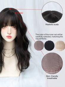 1-Piece Synthetic Heat-Resistant Wig With Bangs In Black-Brown Color, 20 Inches Long, Fully Machine-Woven, Natural And Realistic Medium-Length Curly Wig. - Brown - View 7