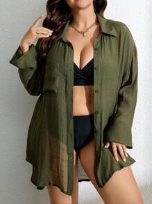 Swim Vcay Summer Beach Plus Drop Shoulder Pocket Patched Button Front Cover Up Without Bra