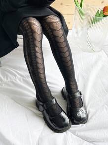 1對女童鏤空心形印花連褲襪適合日常生活 - 黑色 - 查看 3