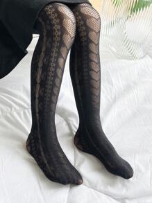 1對女童鏤空心形印花連褲襪適合日常生活 - 黑色 - 查看 5