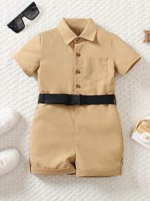 SHEIN 小男童補丁貼口袋腰帶襯衫連體短褲