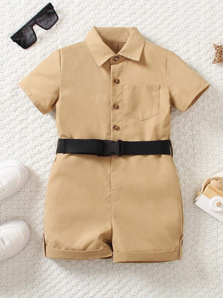 SHEIN 小男童補丁貼口袋腰帶襯衫連體短褲