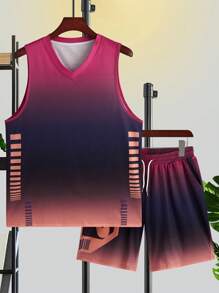 Manfinity Homme 男士漸層V領背心上衣和腰部抽繩短褲 - 彩色 - 查看 1