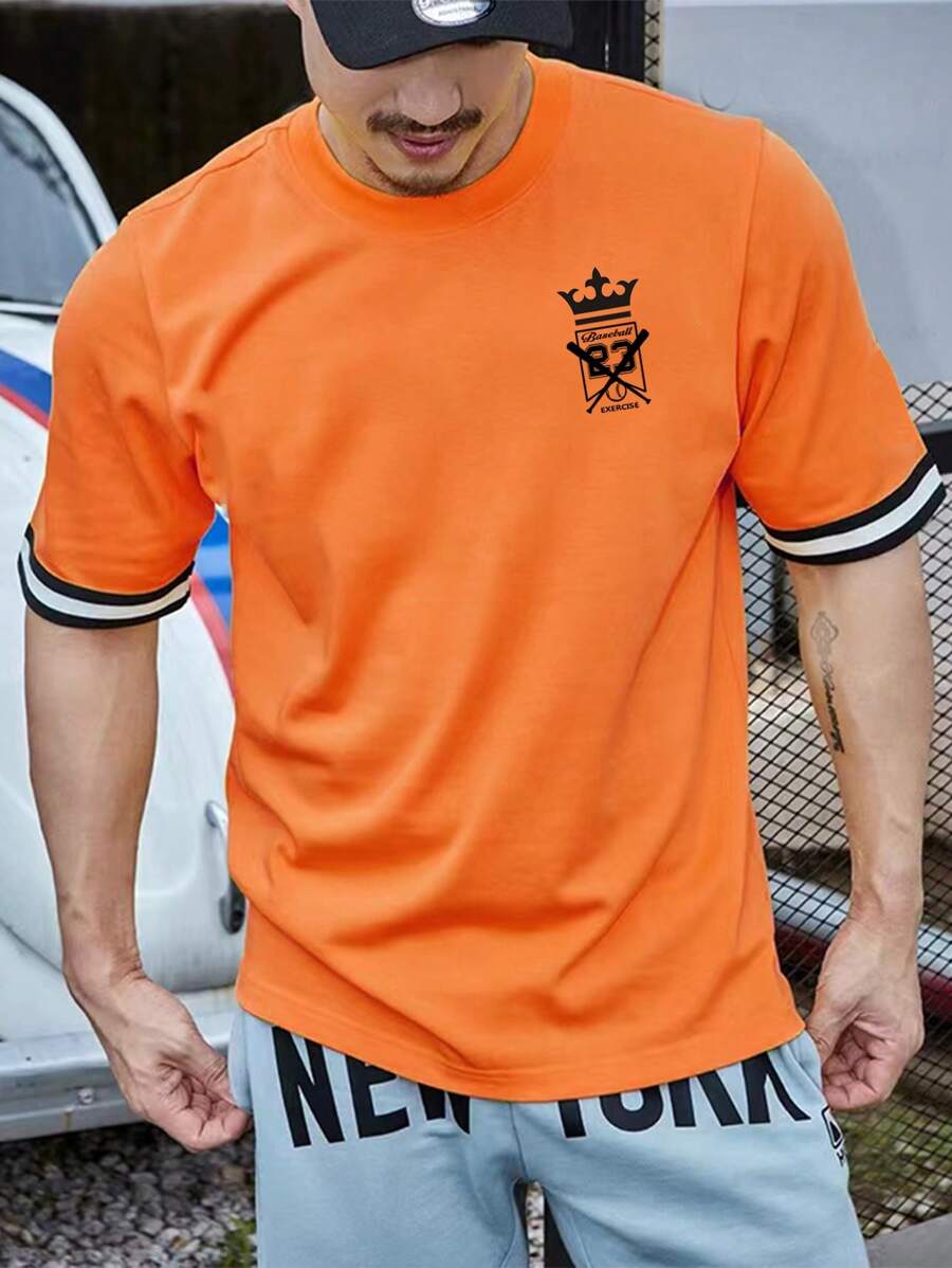 Aesthetic Post 男士王冠和字母圖案條紋飾邊T恤 - 橘色 - 查看 1