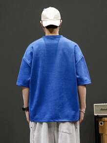 Claim Dot 宽松男士字母压花落肩T恤，秋季 - 寶藍色 - 查看 2