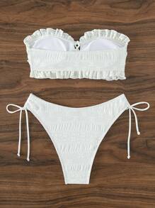 Frill Trim Lace Up Front Bandeau Bikini Set - White - View 4
