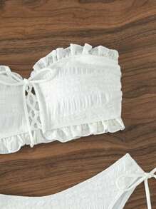 Frill Trim Lace Up Front Bandeau Bikini Set - White - View 6