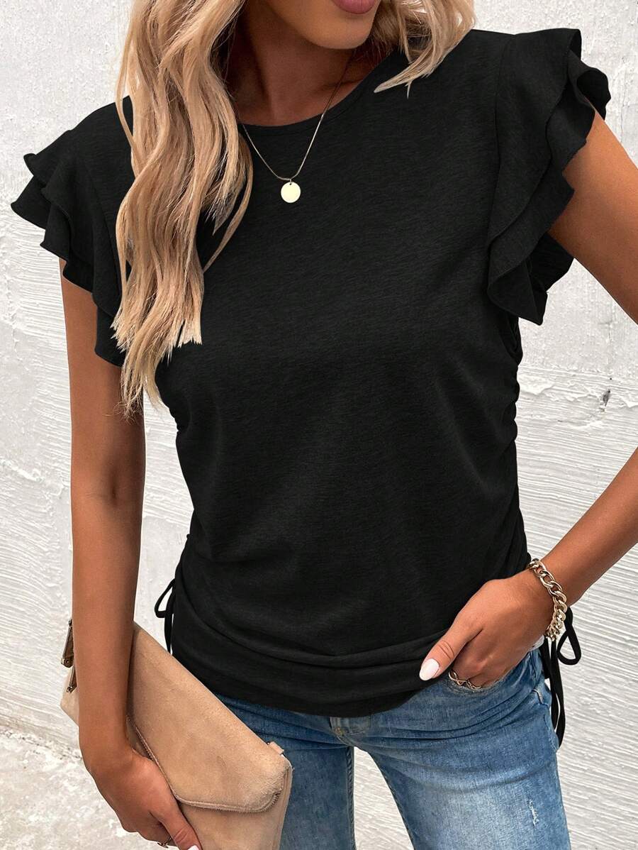 Chiquease Butterfly Sleeve Drawstring Side Ruffle Trim Tee - Black - View 1