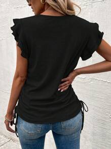 Chiquease Butterfly Sleeve Drawstring Side Ruffle Trim Tee - Black - View 2