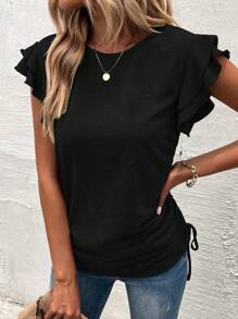 Chiquease Butterfly Sleeve Drawstring Side Ruffle Trim Tee - Black - View 6