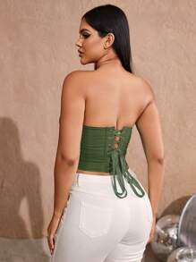 Apperloth A Lace Up Back Bandana Hem Mesh Corset Top Sexy Music Festival - Green - View 2