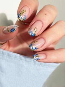 Sanrio 24入組長方形花葉圖案假指甲及1pc指甲文件及1片膠帶壓縮式指甲美容用品，即時提升你的外觀 - 彩色 - 查看 1