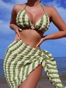 Summer Striped Halter Triangle Bikini Set With Beach Skirt - Multicolor - View 4