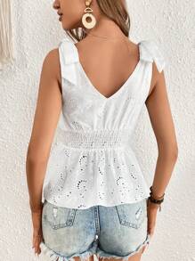 SHEIN VCAY Eyelet Embroidery Tie Shoulder Peplum Tank Top - White - View 2