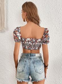 SHEIN VCAY Áo sơ mi nữ Bất đối xứng mép Dải chun Paisley Boho - Nhiều màu - Xem 2