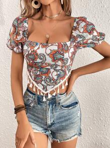 SHEIN VCAY Áo sơ mi nữ Bất đối xứng mép Dải chun Paisley Boho - Nhiều màu - Xem 4