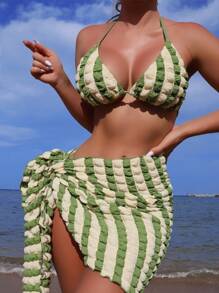 Summer Striped Halter Triangle Bikini Set With Beach Skirt - Multicolor - View 5