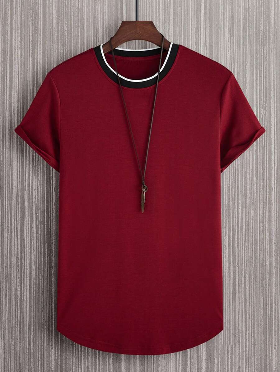 Manfinity Homme Hombres Camiseta ribete en contraste bajo curvo sin collar - Burdeos - Ver 1
