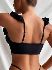 Swim Basics Summer Beach Ruffle Trim Bikini Top - Black - View 2