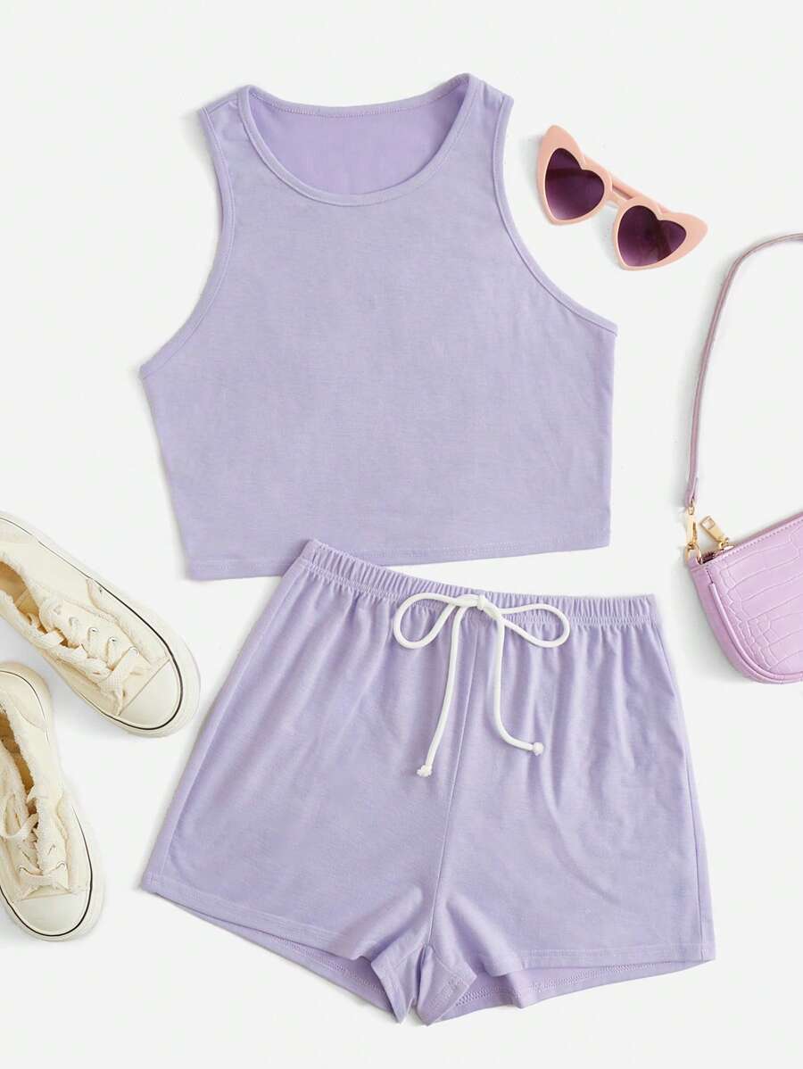 SHEIN EZwear Bộ đồ hai mảnh nữ Thắt nút màu trơn Giải trí - Màu tím hoa cà - Xem 1