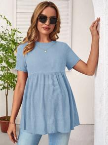 SHEIN Áo thun Bà bầu Viên lá sen màu trơn Giải trí - Màu xanh nhạt - Xem 1