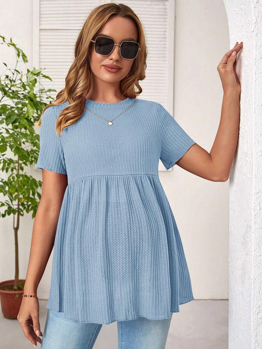 SHEIN Áo thun Bà bầu Viên lá sen màu trơn Giải trí - Màu xanh nhạt - Xem 1