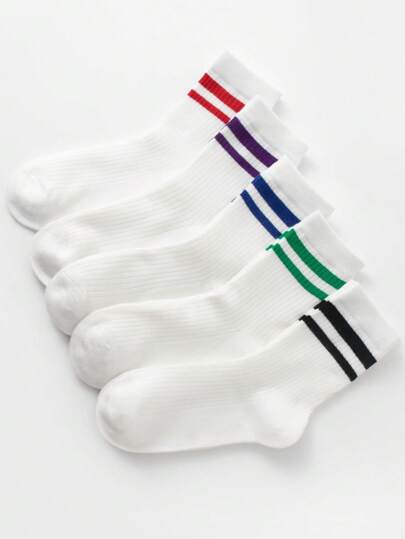 5 Pairs Children's Colorful Double-Bar Design Sports & Casual Mid-Calf Socks, Suitable For Student's Back-To-School Outfits