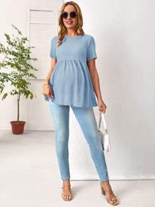 SHEIN Áo thun Bà bầu Viên lá sen màu trơn Giải trí - Màu xanh nhạt - Xem 5