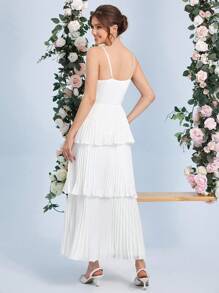 SHEIN Belle 百褶多層下擺吊帶婚紗連衣裙不附面紗 - 白色 - 查看 2