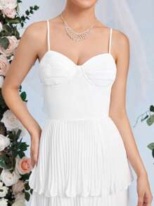 SHEIN Belle 百褶多層下擺吊帶婚紗連衣裙不附面紗 - 白色 - 查看 4