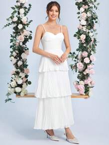 SHEIN Belle 百褶多層下擺吊帶婚紗連衣裙不附面紗 - 白色 - 查看 5