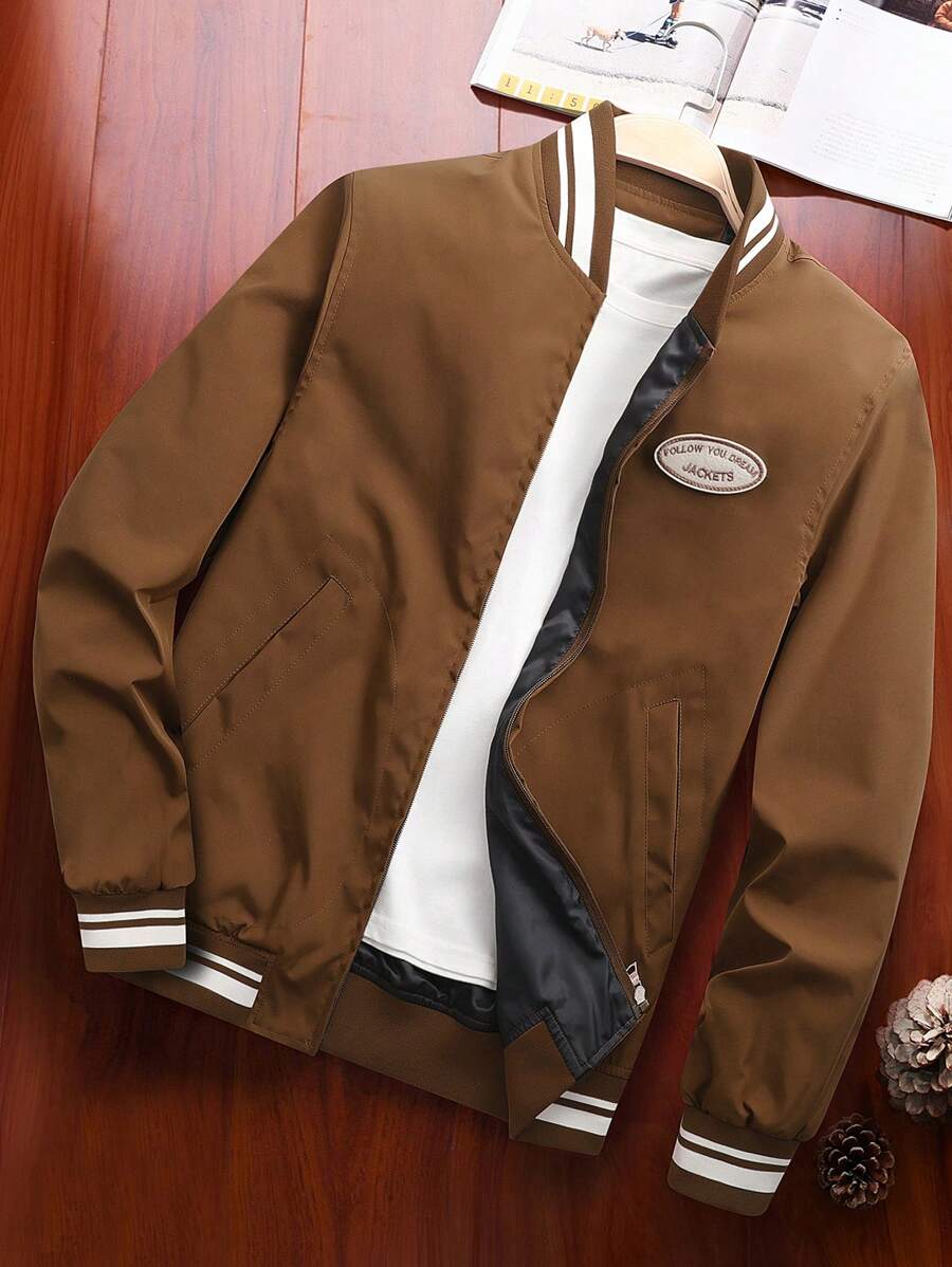 Manfinity Homme Loose Fit Men's Letter Patched Striped Trim Bomber Jacket (Top Not Included) - Brown - View 1