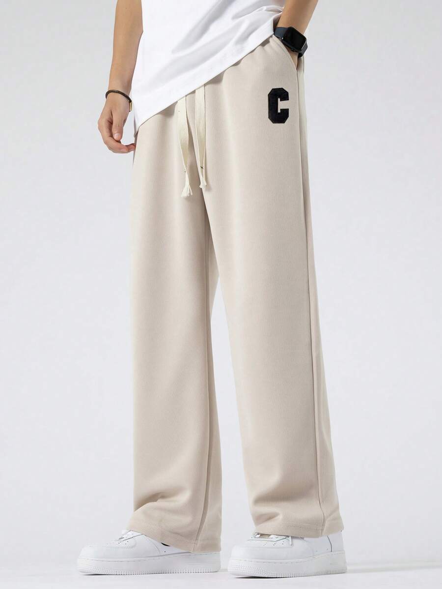 Manfinity Hypemode 男士字母圖案腰部抽繩直筒褲 - 杏色 - 查看 1