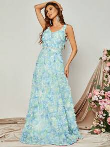 Floral Appliques Maxi Dress - Baby Blue - View 2