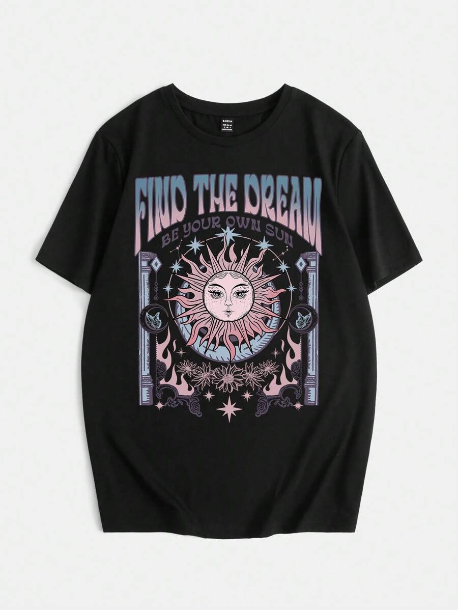 SHEIN EZwear 太陽和標語圖案落肩袖超大號T恤 - 黑色 - 查看 1