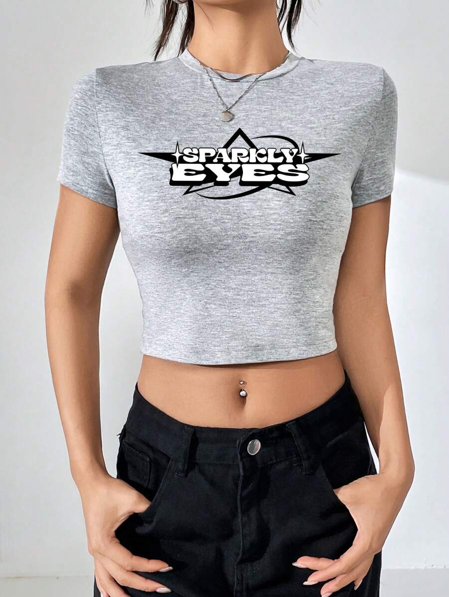 SHEIN EZwear 星星和字母圖案短款T恤 - 淺灰色 - 查看 1