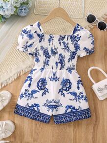 SHEIN Young Girl Floral Print Puff Sleeve Shirred Romper