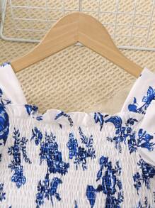 SHEIN Young Girl Floral Print Puff Sleeve Shirred Romper