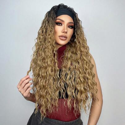  HAIRCUBE 女士卷发发带假发，波浪棕金色合成长卷发假发，带发带