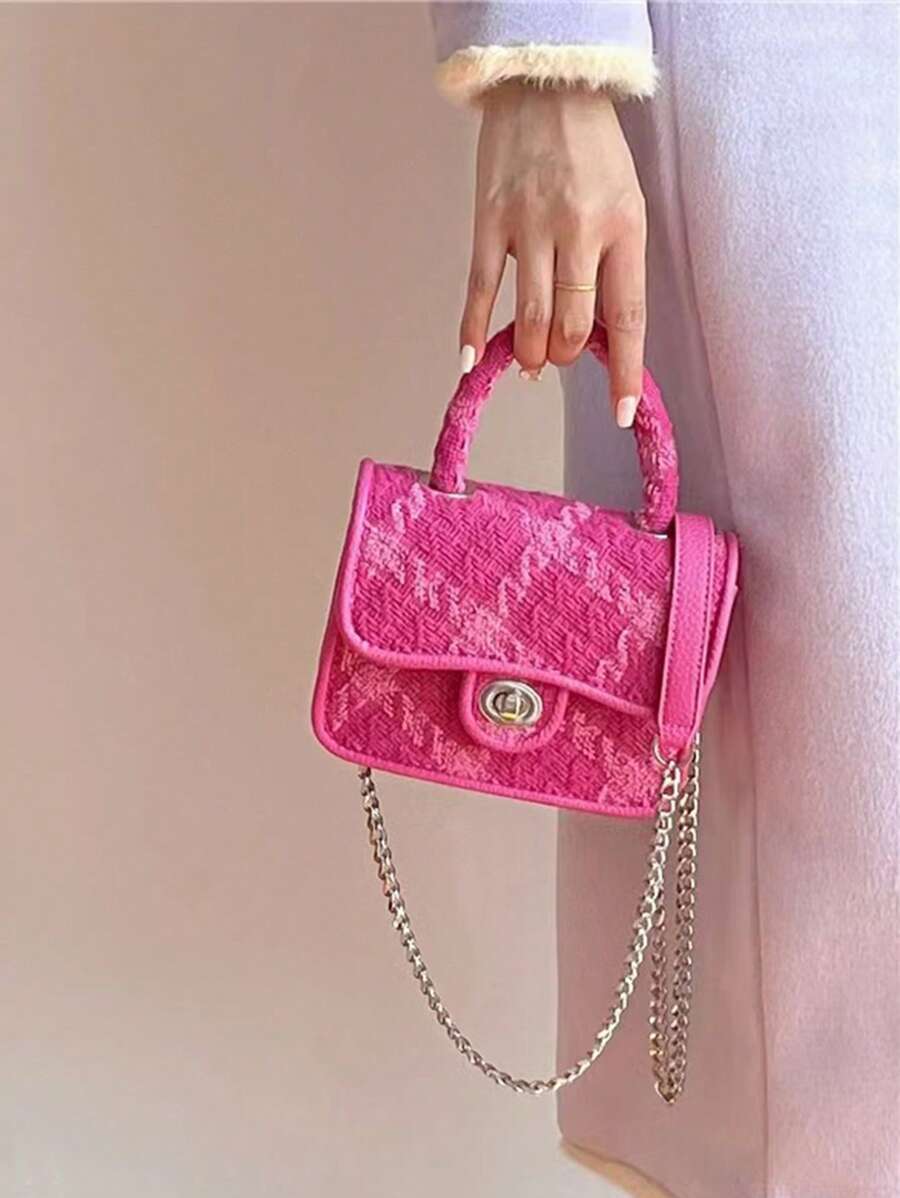 迷你方包格紋圖案粉色時尚翻蓋適用於日常,牛仔包 - 玫紅色 - 查看 1