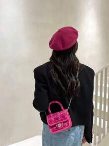 迷你方包格紋圖案粉色時尚翻蓋適用於日常,牛仔包 - 玫紅色 - 查看 5