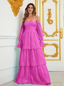 Off Shoulder Flounce Sleeve Layer Hem Chiffon Formal Dress - Purple - View 4