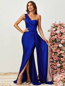 Faeriesty Đầm maxi dáng đuôi cá thanh lịch dành cho nữ, kiểu dáng xòe bất đối xứng, chất liệu dệt kim co giãn bóng mượt - xẻ tà cao, ôm sát cơ thể, phù hợp cho đám cưới, dạ hội và các dịp trang trọng. - Xanh đậm - Xem 4