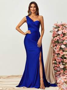Faeriesty Đầm maxi dáng đuôi cá thanh lịch dành cho nữ, kiểu dáng xòe bất đối xứng, chất liệu dệt kim co giãn bóng mượt - xẻ tà cao, ôm sát cơ thể, phù hợp cho đám cưới, dạ hội và các dịp trang trọng. - Xanh đậm - Xem 5