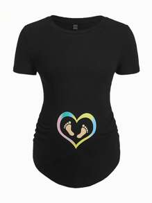 SHEIN Áo thun Bà bầu Con số Tim Giải trí - màu đen - Xem 1