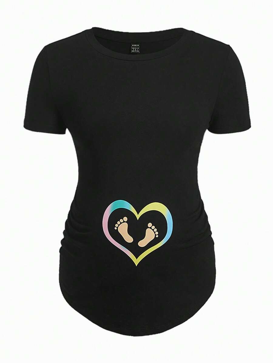 SHEIN Áo thun Bà bầu Con số Tim Giải trí - màu đen - Xem 1