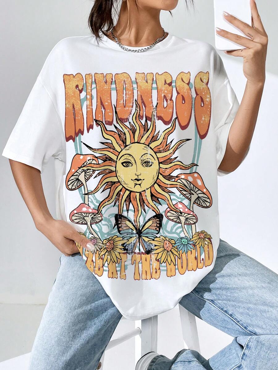 SHEIN EZwear Camiseta amplia sol & con estampado de slogan de hombros caídos sin collar - Blanco - Ver 1