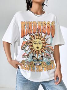 SHEIN EZwear Camiseta amplia sol & con estampado de slogan de hombros caídos sin collar - Blanco - Ver 7