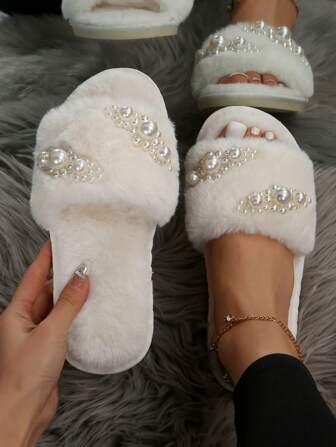 Women Faux Pearl Decor Fluffy Bedroom Slippers, Fashion Indoor Home Slippers